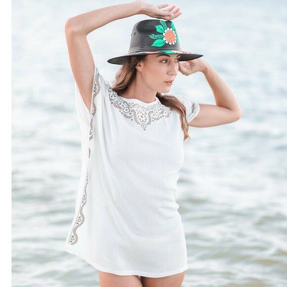 TUNIC BEACH COVER UP T. Zovich Solid with Floral Trim Swim Sustainable White NWT - Picture 1 of 8
